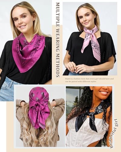 AWAYTR 27.5” Silk Satin Square Head Scarf - 4PCS Satin Head Scarves for Women Hair Kerchief Bandanas Sleeping Head Wraps - color: Cashew(hot Pink/Pink/Black/White)