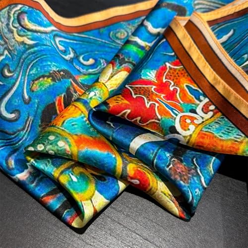 MEISEE 100% Pure Mulberry Silk Scarf 21" Square Scarf Neckerchief Headscarf Breathable Lightweight for Women Gift Packed - color: Blue and Orange Ethnic Style