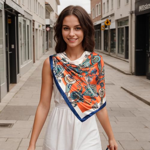 RIIQIICHY Head Scarf for Women Like Silk Scarf Hair Scarf Printed Square Scarf Bandanas for Women 35 Inches - color: Beige/Orange/Navy