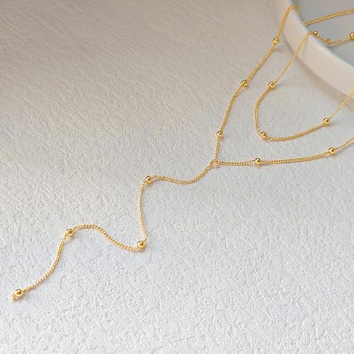 Luxval Lariat Silver Necklace for Women, Dainty Long Necklace Silver Y-Shaped Pendant Necklaces Trendy Beaded Chain Drop Necklaces Jewelry for Women Gifts - color: Gold-Bead Layered