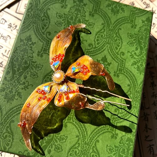 Orange Butterfly with Pearl Resin Hairpin Chinese Hanfu and Han Style Hair Retro Flower with Metal Handmade Hair Clip Hair Accessories for Women Girls Long Hair (Orange Butterfly) - color: Orange Butterfly