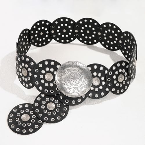 Wide Disc Belt for Women Vintage Leather Hollow Out Round Belt Western Waist Belt - color: Silver Black, size: S (39.7 in)
