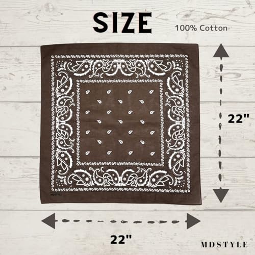 MDSTYLE 100% Cotton Bandana for Men & Women 22" x 22" Paisley Pattern Handkerchief Headband Scarf - color: Brown