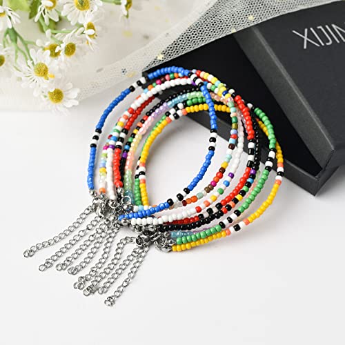 XIJIN 8Pcs Handmade Beaded Anklets for Women Boho Colorful Beads Ankle Bracelets Adjustable Foot Anklet Set - color: H