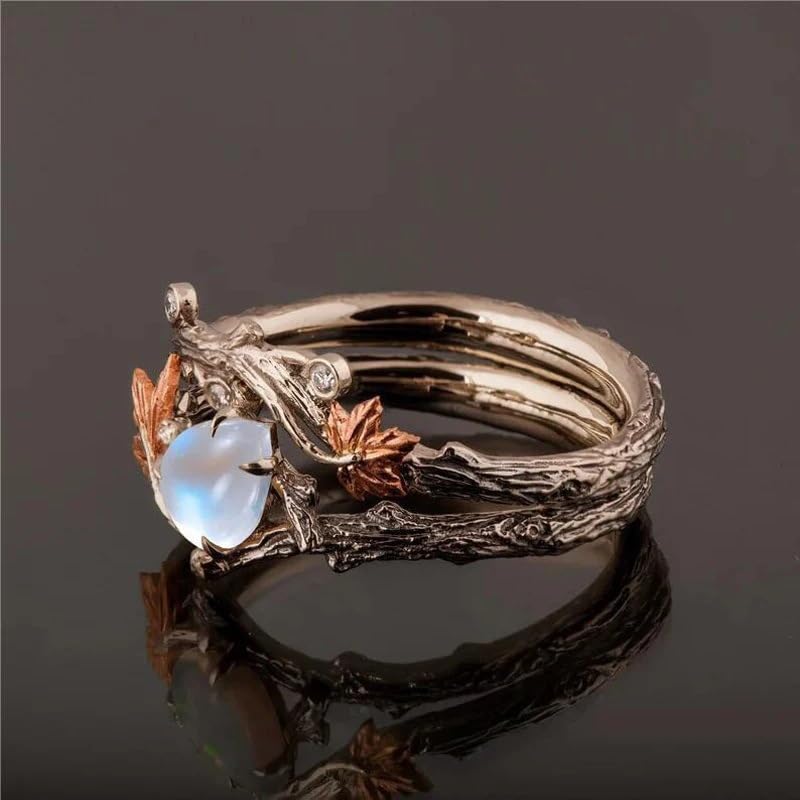 Retro Teardrop Synthetic Moonstone Maple Leaf Ring for Women Daily Banquet Vacation Unique Jewelry - color: Copper Brown