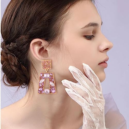 Rhinestone Rectangle Statement Earrings Colorful Crystal Geometric Drop Dangle Earrings for Women Prom Party - color: Purple