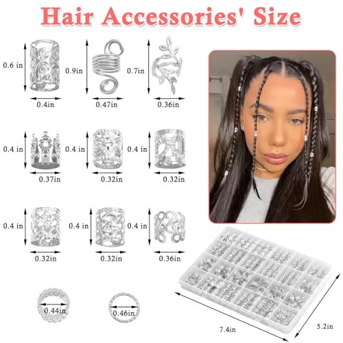 Lucomb 220 Pcs Silver Hair Jewelry for Braids, Loc Jewelry for Hairs Dreadlock, Hairs Charms for Women, Metal Braid Rings Cuffs Clips for Dreadlock Accessories Hair Braids Accessories Decorations - color: Silver