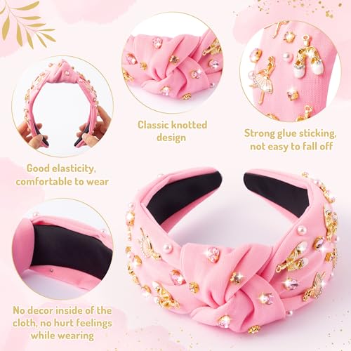 PANTIDE Ballerina Jeweled Knotted Headband - Dancing Girl Ballet Shoes Rhinestone Crystal Pearl Embellished Headband Wide Top Knot Hair Accessories Outfits Birthday Gift for Dancer Women Girl (Pink) - color: Pink Ballet