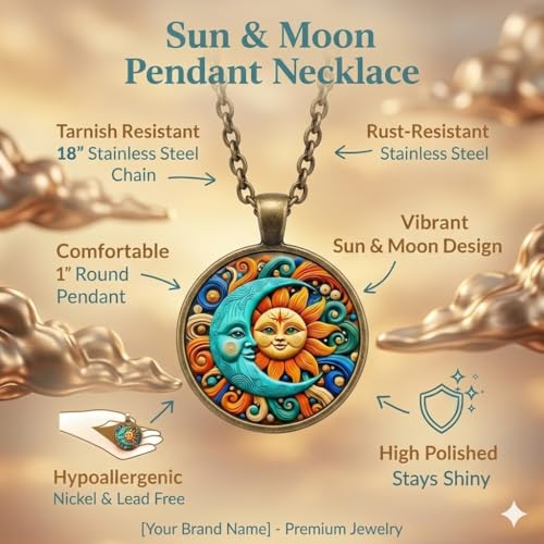 1pc Stunning Round Pendant Necklace - Unique Sun & Moon Pattern, Oil Painting Style Glass Mosaic, Alloy Construction, Trendy Sweater Chain, Fashionable Gift for Women - Christmas or Birthday Gift - color: Orange Sun/Blue Moon (Bronze)