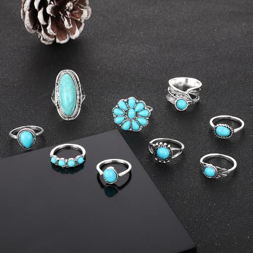 Bohemian Turquoise Ring for Women Stackable Vintage Chunky Boho Turquoise Ring Set Dainty Open Gemstone Knuckle Midi Finger Rings Western Statement Rings Jewelry - style: nine