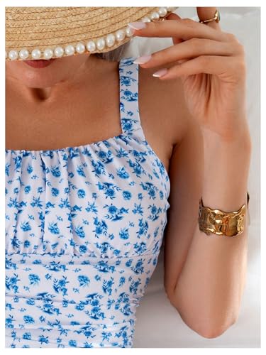 BEAUDRM Women's Boho Floral Print One Piece Swimsuit Y2K Bathing Suits Swimwear Beachwear - color: Floral Blue, size: X-Small