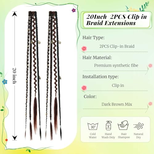 2PCS Boho Dreadlock Clip In Braids with Charms and Beads, Handmade Dreadlock Braids Hair Extensions Synthetic Braided Hairpieces for Women (Dark Brown Mix 20 Inch) - color: Dark Brown Mix, size: 20 Inch