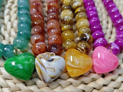 Chunky Colorful Beaded Statement Boho Summer Beach Chokers Necklace Heart Pendant Pink Green Yellow Brown Fashion Jewelry - color: Green