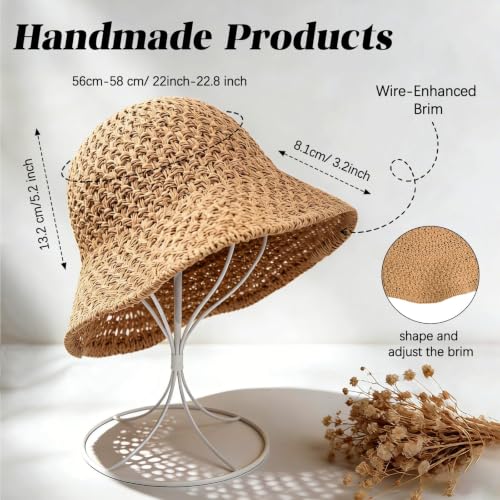 Sun Hat for Women Beach Hat Straw Bucket Hat Summer UV Protection, Packable Breathable Crochet Style - color: 1pack-khaki