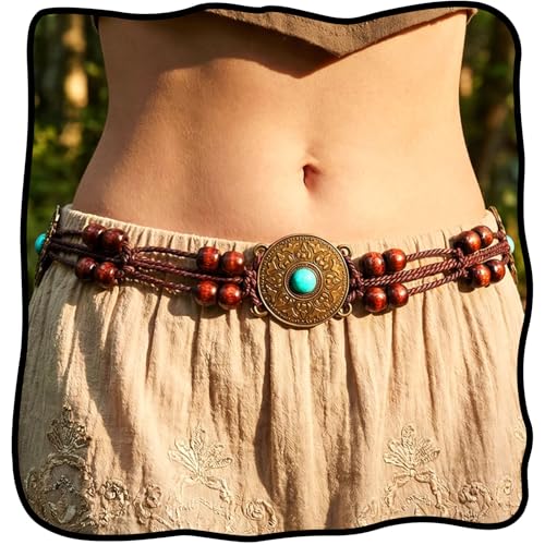 Fstrend Women's Woven Waist Belt Chain,Turquoise Braided Belts with Wooden Beads,Adjustable Belly Accessory for Dress (D) - color: C