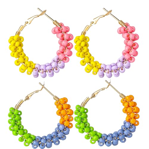 Jinxiuge 6 Pair Beaded Hoop Earrings Boho Flower Round Earrings Women's Handmade Earrings Set - style: Style-G