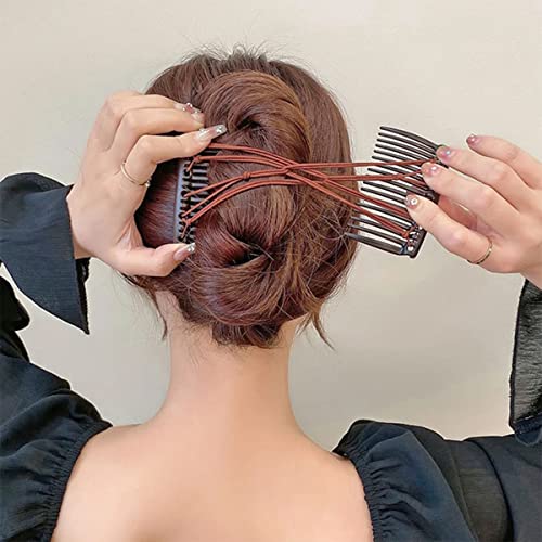4 Pieces Elastic Beaded Magic Hair Comb Stretchy Double Comb Hair Fork Clips No Crease Hairpins Combs for Women Girls Vintage Hairstyle Multipurpose Hair Accessories, 4 Color (Classic Style) - color: Brown, black, blue, purple