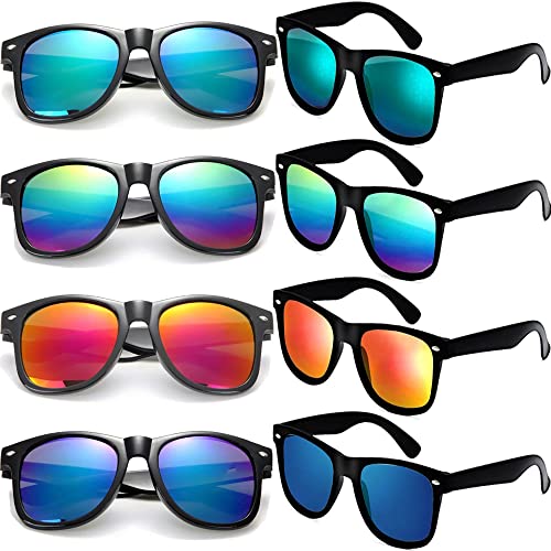 Eyegla Sunglasses Bulk Party Sunglasses Pack 80s Shades Eyewear Set for Men Women 8/10/20/30Pack - color: Black Frame+ Colorful Mirror Lens 8 Pack