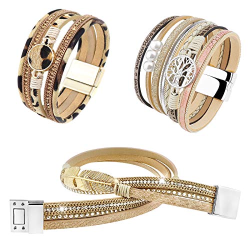 Wowanoo 3Pack Leather Cuff Bracelet Set Multilayer Wrap Bracelet Crystal Feather Tree Bracelet Magnetic Clasp Bracelet for Women - color: Leaf Tree