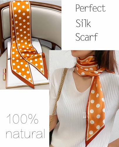kcctoo 59" Mulberry Silk Like Head Scarf Women's Fashion Square Neck Satin Scarfs for Bag Hair Scarves Gift 59 * 5.9” - color: A001-orange White Spots /59"x5.9"