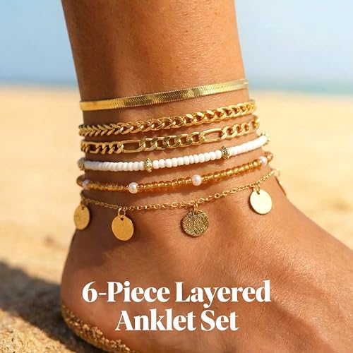 FAXHION Gold Anklets for Women Waterproof, Adjustable Boho Stacking Dangle Coin White Bead Cuban Link Chain Anklets Set, Summer Layered Beach Jewelry Gift for Women - color: Gold-Cuban Chain & Coin