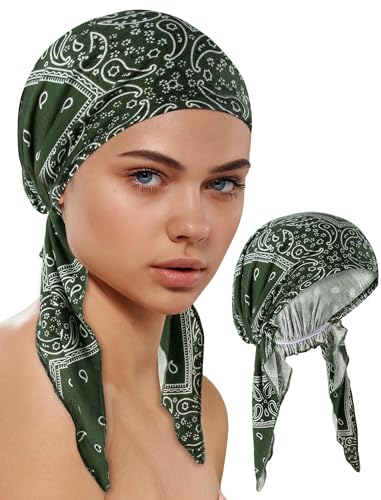 Ababalaya Chemo Headwear for Women Softer Headcover with Longer Tails, Breathable Skull Cap Non-Slip Sleep Beanie - color: Green