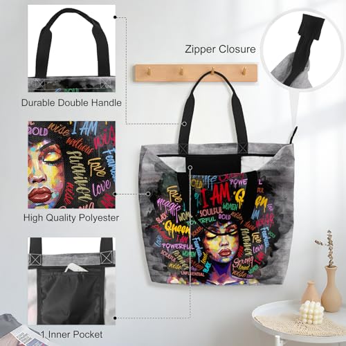 African American Women Tote Bag Black Shoulder Handbag For Women Fit Work Beach Labtops With Zip - color: Black Women 5