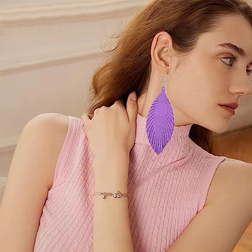 Large Genuine Soft leaf Leather Handmade Fringe Tassel Feather Lightweight Tear Drop Dangle Color Earrings for Women - color: Violet