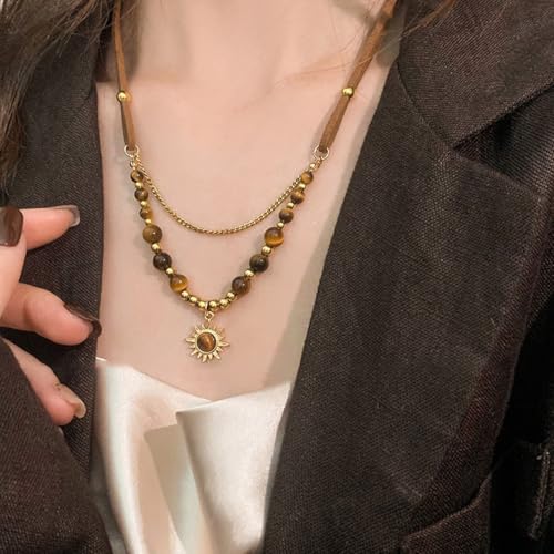 MYANAIL Tigers Eye Stone Sun Pendant Layered Necklaces for Women 14K Gold Maillard Tiger's Eye Beaded Choker Necklace Jewelry Accessory Spiritual Healing Stone Stacked Chain Necklaces - color: Brown
