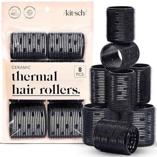 Kitsch Ceramic Hair Rollers for Women – Self-Grip Hair Curlers for Heatless Curl Overnight, Long-Lasting Frizz-Free Curls, Volumizing Large Rollers for All Hair Types – Black, 8 Count (Pack of 1)