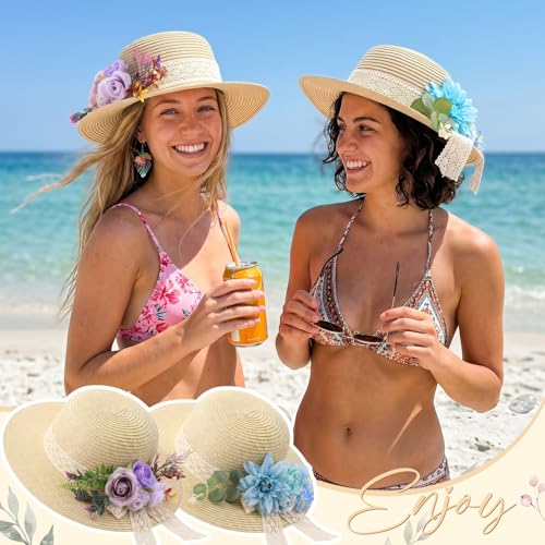 6 Sets DIY Tea Party Straw Hats Kit DIY Straw Hat for Women Blank Sun Hats - style: French Flat Brim