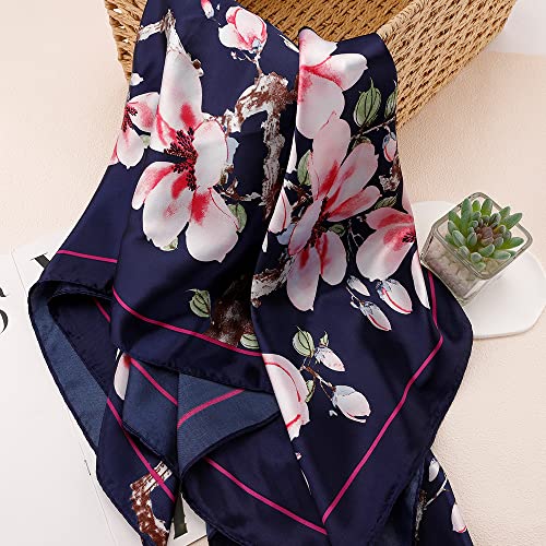 NZKNP Silk-Like Head Scarf - Women's Bandana Wraps - color: 20-black and Pink Flowers, size: 35"*35"