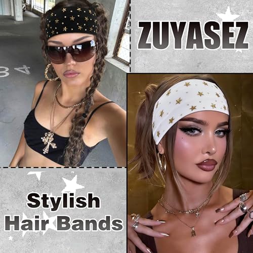 3Pcs Short Headbands for Women Punk Star Studded Hair Bands Y2K Non-Slip Elastic Hear Wraps Rhinestone Headbands Sport Workout Rock Hair Scarf Accessories for Girls - color: Black+White+Red+Star