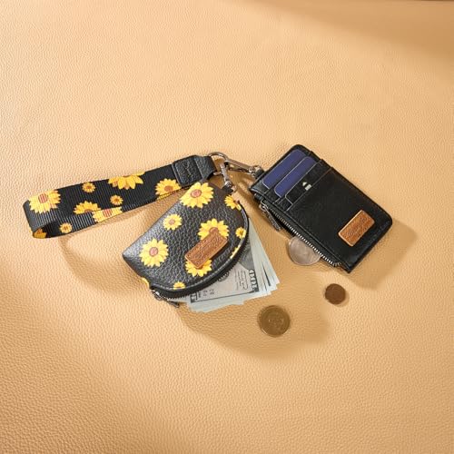 Wrangler KeyChain Wristlet Wallets for Women Sunflower Floral Dual Pouch Wristlet Western Credit Card Holder Wallet with Zipper Pocket - color: Sunflower Black