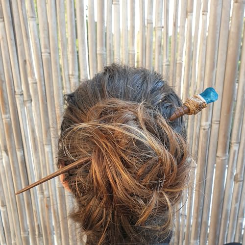 Natural Tumbled Healing Gemstone Crystal Wooden Hair Stick Handmade Gifts Boho Reiki by Smoky Quartz (Turquonite Magnesite) - color: Turquonite Magnesite