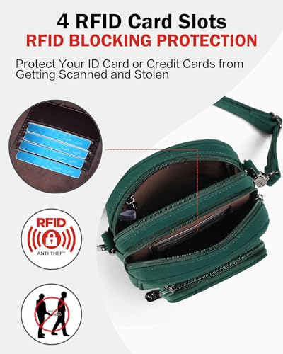 FADEON Small Purses for Women Crossbody Bags, Designer PU Leather Mini Cross Body Purse Travel Shoulder Bag Card Slots - color: Dark Green Nubuck Style