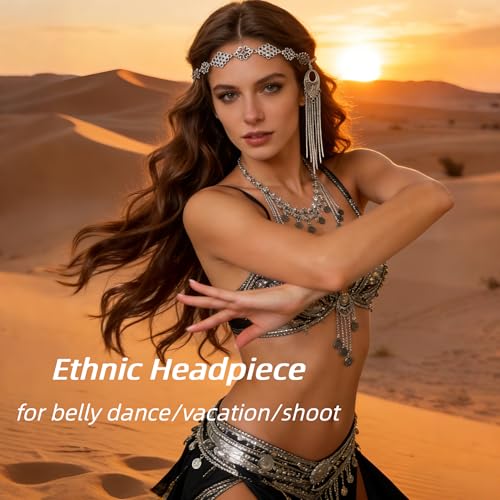 Silver Tassel Forehead Head Chain for Women - Bohemian Ornate Fringe Headpiece, Adjustable Ethnic Hair Jewelry for Festivals, Belly Dance, Bridal & Boho Styling