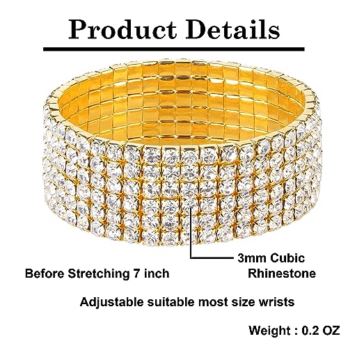 Zealmer Sparkle Multicolor Rhinestone Stackable Stretch Bracelets for Women - color: 6 Row Gold Bracelet