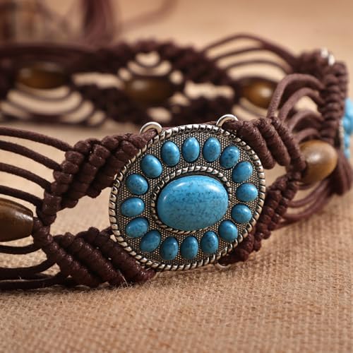 WHIPPY Boho Turquoise Belt for Women Wax Rope Braided Waist Belt Western Hand-Woven Bead Tassel Belts for Dress, 2” Wide - color: Coffee