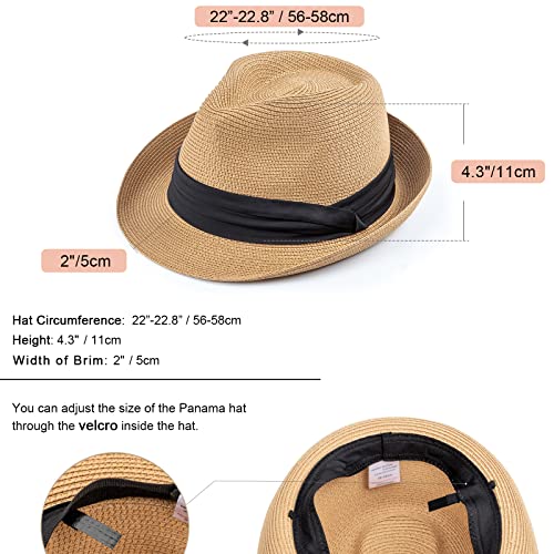 DRESHOW Women Straw Sun Hat Short Brim Panama Travel Fedora Summer Hat Roll Up Beach Cap for Women UPF 50+ - color: Khaki Fa