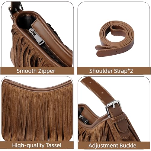 Fringe Shoulder Bag for Women Underarm Suede Western Hobo Purses and Handbags Trendy Crossbody Purse with Tassel - color: Brown
