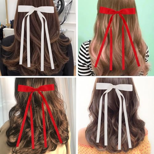 WORTL Red Hair Bows Clips Coquette Ribbon Bowknot with Long Tail Princess Hair Bows French Barrettes Hair Accessories for Women Girls 16PCS (Red, Cream) - color: Red, Cream