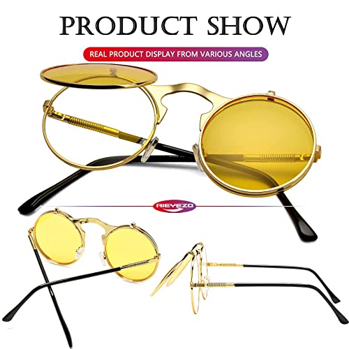AIEYEZO Round Flip Up Sunglasses for Men and Women Rave Flip Glasses 90's Retro Steampunk Style - color: Gold/Clear Yellow