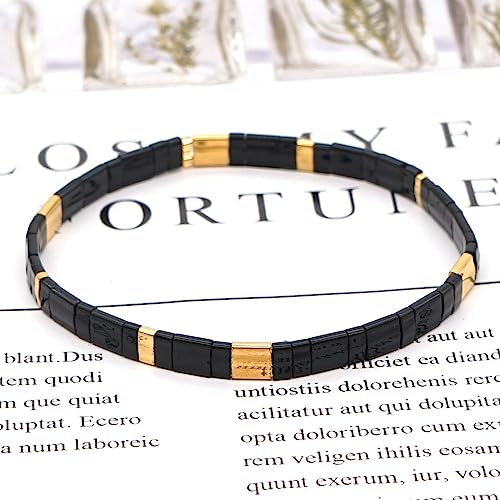 Sonateomber Tila Flat Beaded Stretch Bracelets for Women, Trendy Unique Colorful Square Beads Handmade Stack Bracelet Friendship Accessories Fashion Jewelry Gift - color: Black White