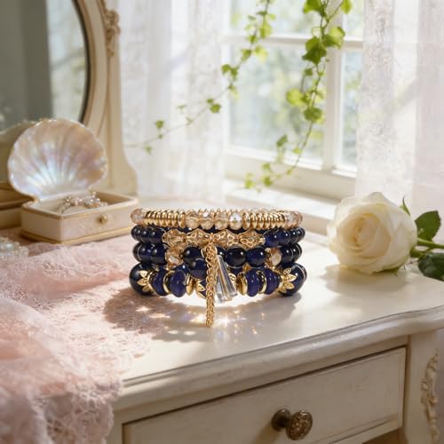 Bohemian Bracelet Sets for Women - 4-Pack Stackable Stretch Bead Bracelets with Black＆White Crystal & Gold Accessories, Multi-Layer Boho Jewelry - color: purple