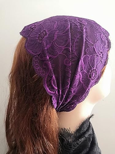 Hairband, Wide Lace Headcovering Headband for Women in Purple with Elastic Flower Lace Pattern - color: Purple