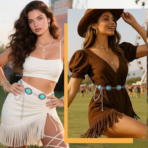 XZQTIVE Women Boho Chain Belts For Dresses Jeans Western Cowgirl Waist Links Belt Adjustable Metal Concho Belt - color: Green Turquoise Silver(gemstone), size: Fit Waist up to 35 In
