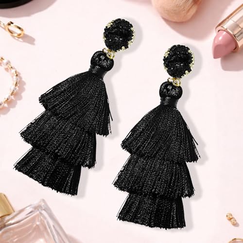 Tassel Earrings for Women - Colorful Layered Tassle Dangle Drop Earrings - color: Black