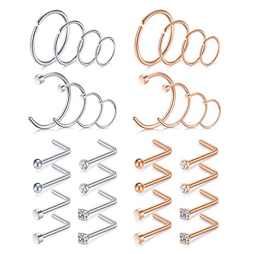 Mayhoop 20g Nose Rings Hoops And Studs For Women Men - Hypoallergenic 316L Surgical Stainless Steel L Shape Nose Screw Bone Silver Rose Gold Black Rainbow Pack 28Pcs - color: L-shaped(Silver+Rose gold)