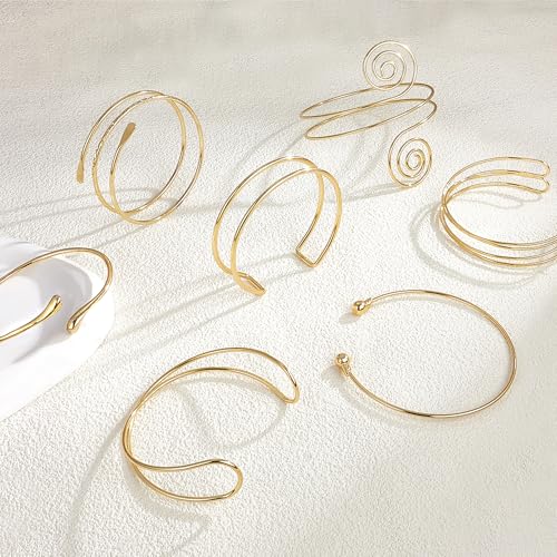 FEYIR 7 Pcs Arm Cuff Jewelry for Women Upper Arm Bracelet Bangle Band Armlet Adjustable Armband Set - color: Gold
